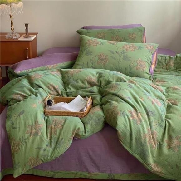 NEW Anthro Green Purple Floral Linen Boho Queen / King Bedding Duvet & Sham Set - Picture 1 of 12